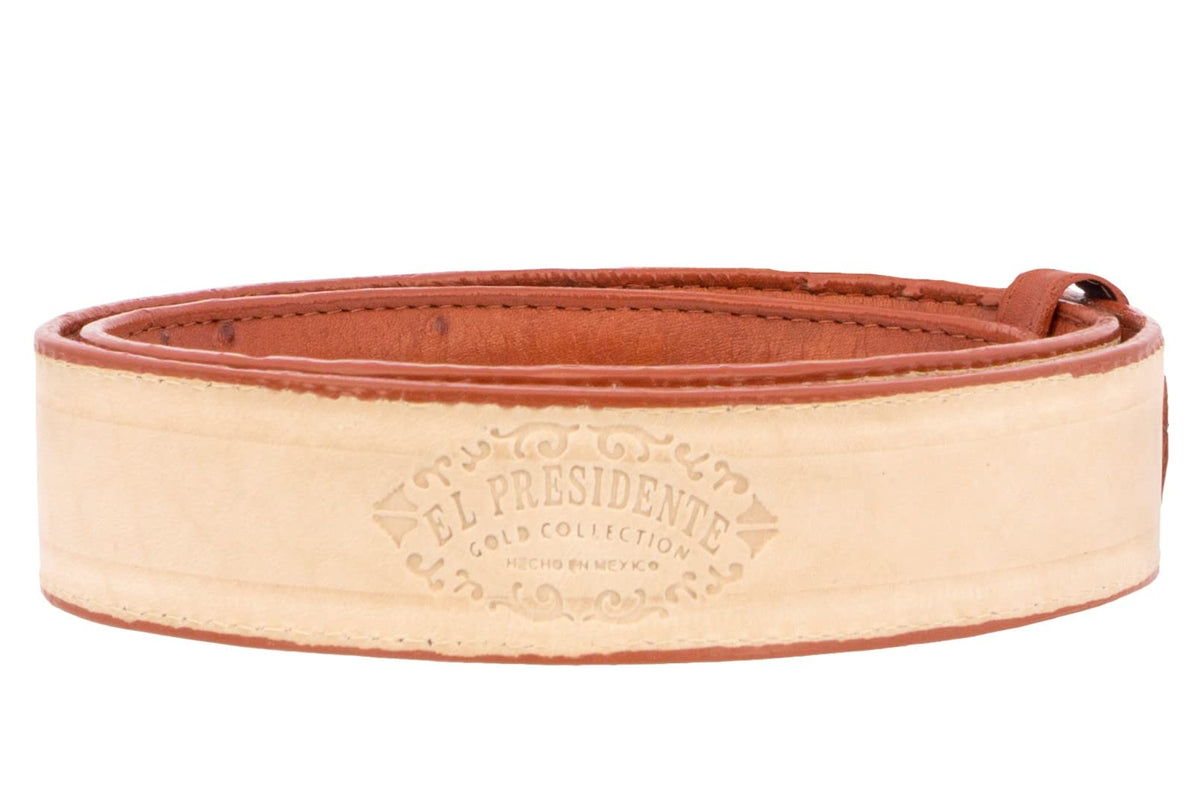Mens Cognac Ostrich Quill Print Leather Western Cowboy Belt P2685
