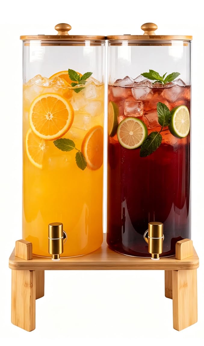 2 Gallon Glass Beverage Dispenser with Spigot and Bamboo Stand D758
