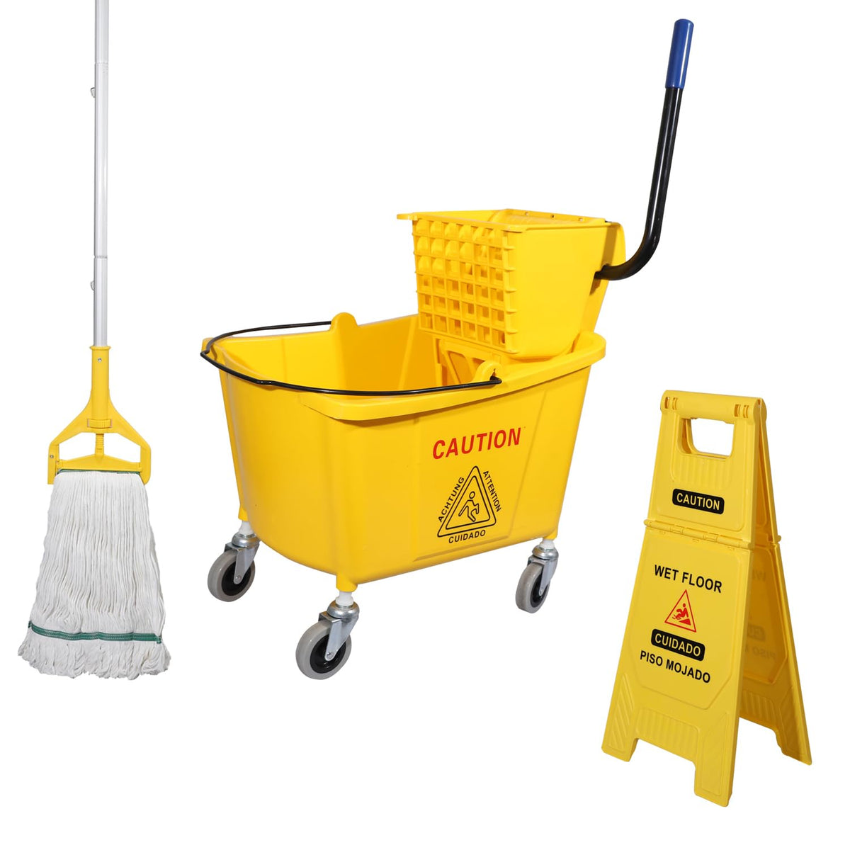 Commercial Mop Bucket with Wringer on Wheels, 35 Quart, Yellow B14831