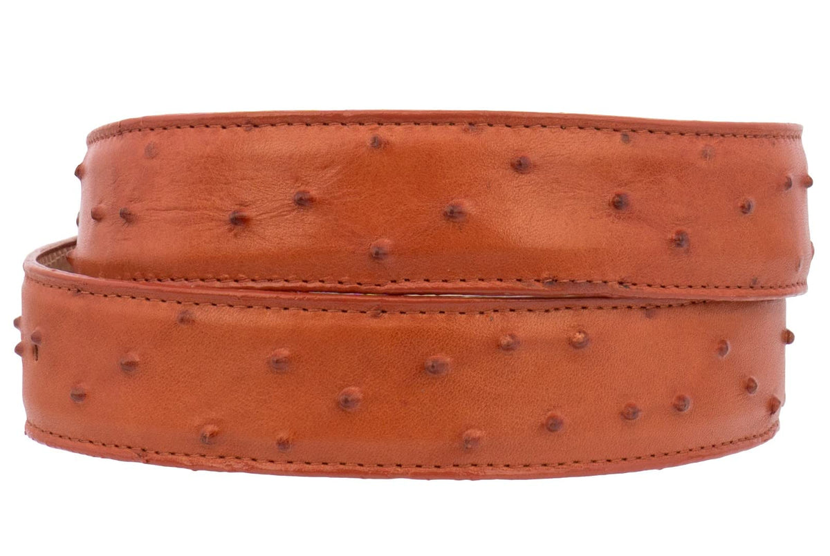 Mens Cognac Ostrich Quill Print Leather Western Cowboy Belt P2685