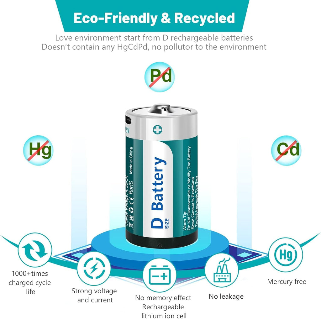 D Size Rechargeable Lithium Batteries with USB-C Charging Cable B472238