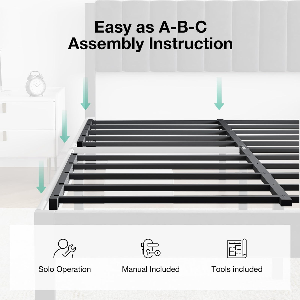 Full Size Metal Platform Bed Frame with Velvet Black Headboard and Footboard A2870