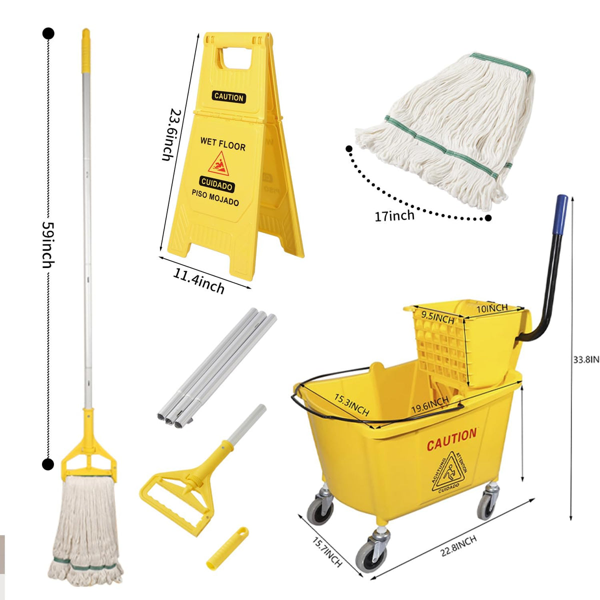 Commercial Mop Bucket with Wringer on Wheels, 35 Quart, Yellow B14831