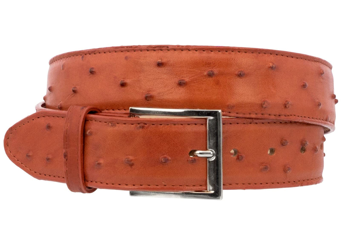 Mens Cognac Ostrich Quill Print Leather Western Cowboy Belt P2685