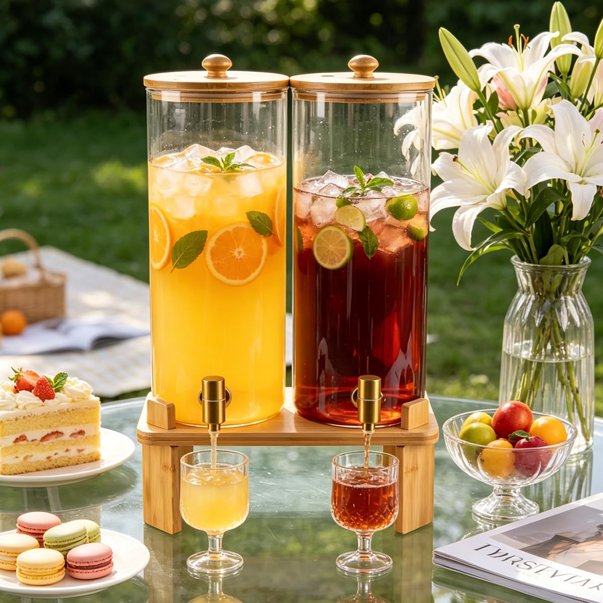 2 Gallon Glass Beverage Dispenser with Spigot and Bamboo Stand D758