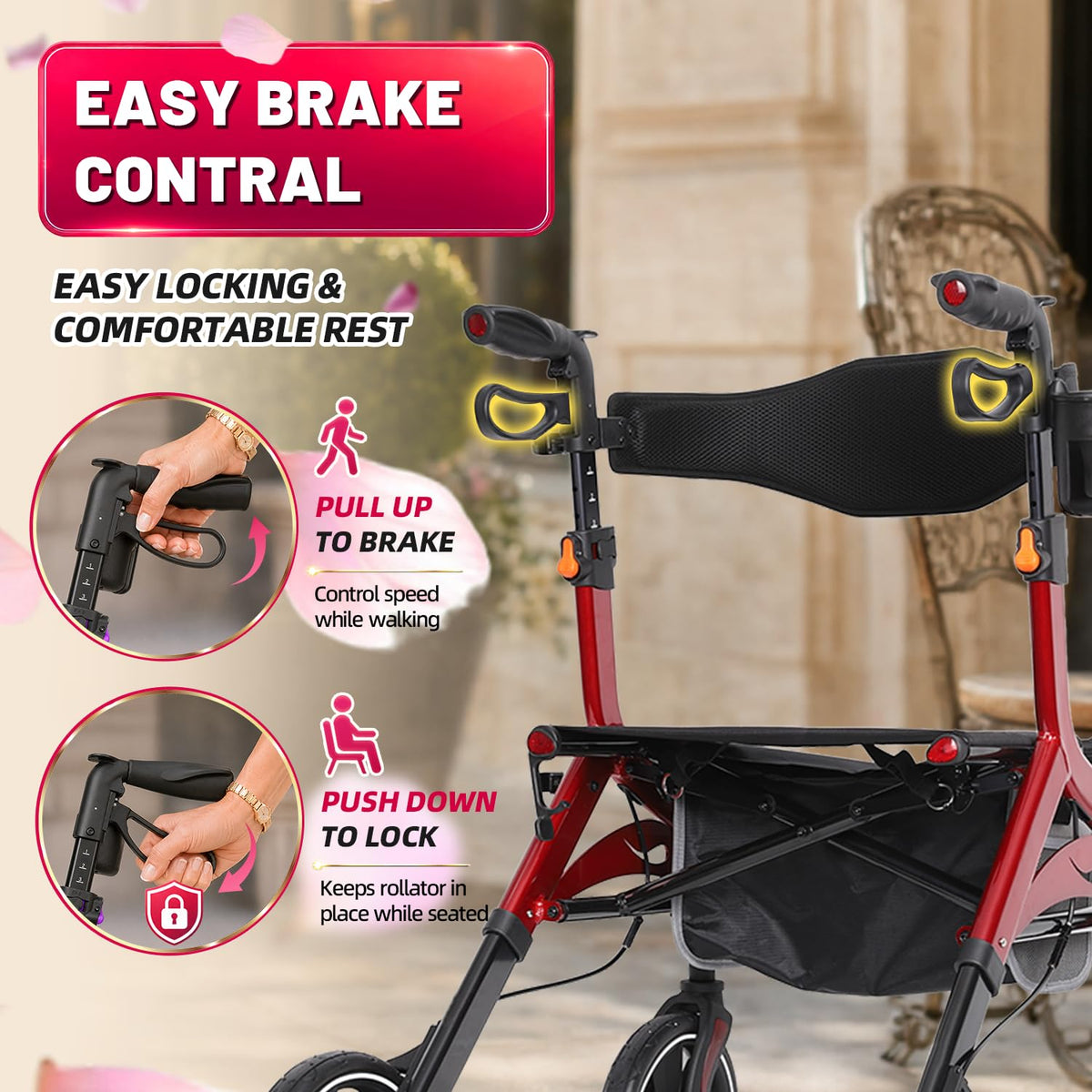 Foldable Red Rollator Walker with Seat Z8028