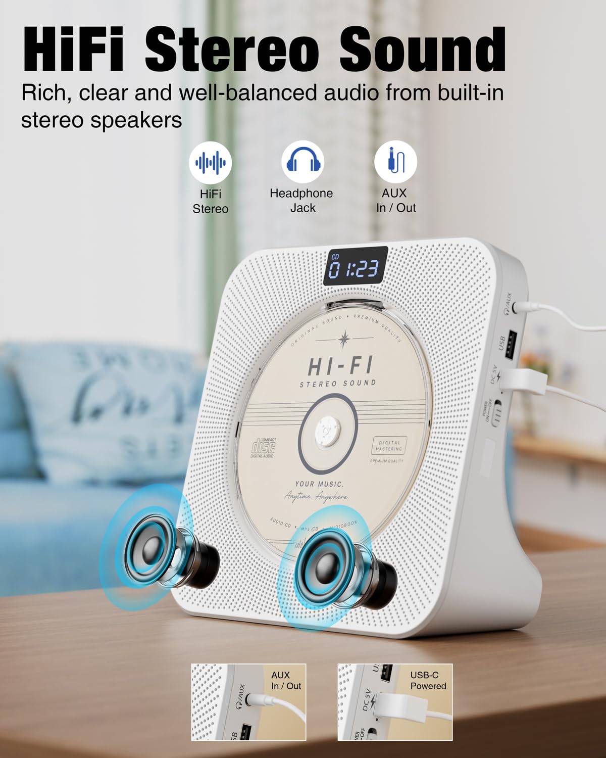 Portable CD Player with Bluetooth FM Radio USB White K22945