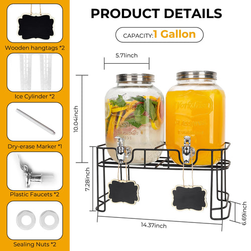 2 Pack 1 Gallon Glass Drink Dispensers with Stand U52283