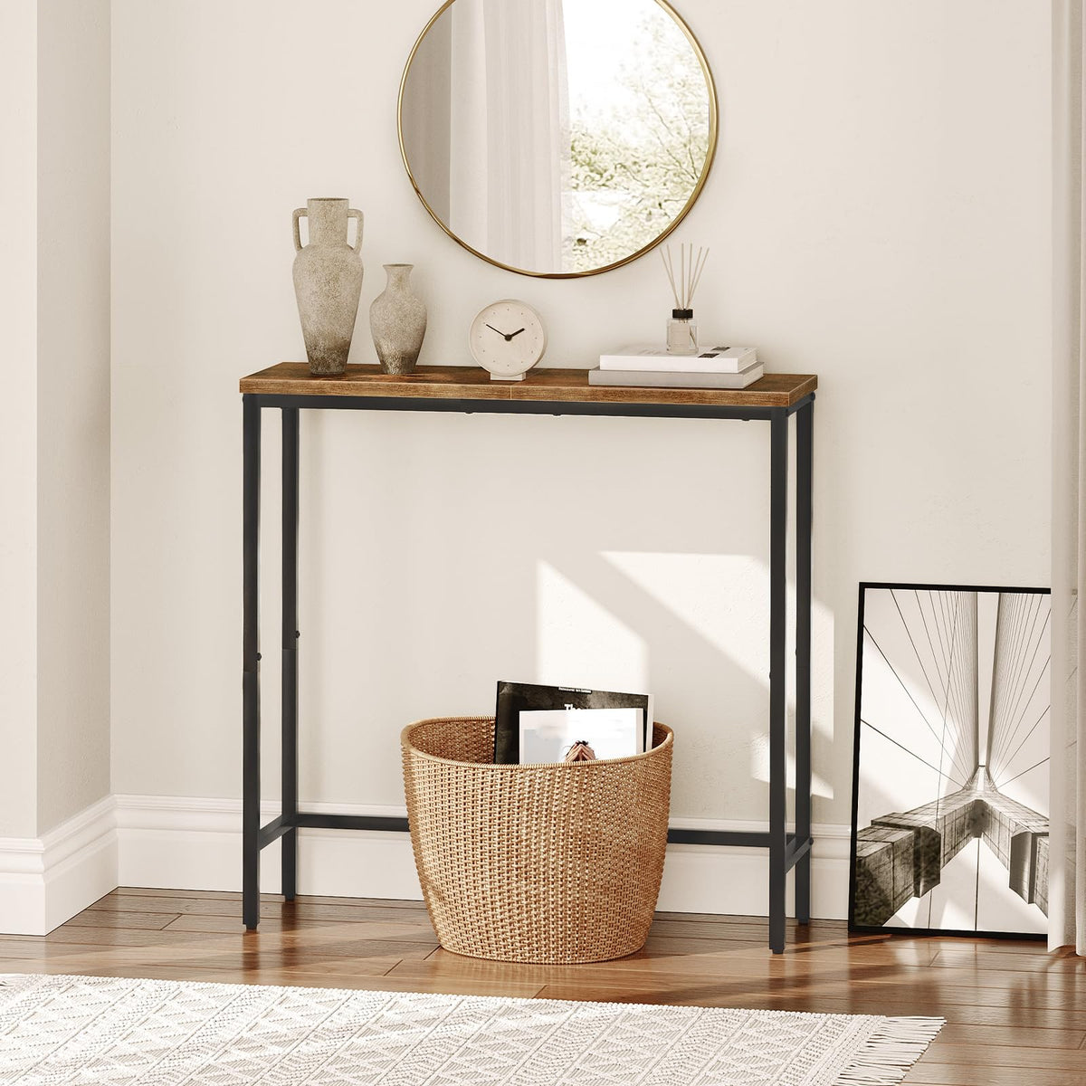 Narrow Console Table, Rustic Brown and Black I61233