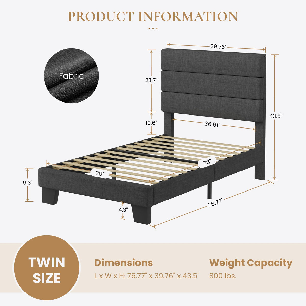 Twin Platform Bed Frame with Upholstered Fabric Headboard R509109