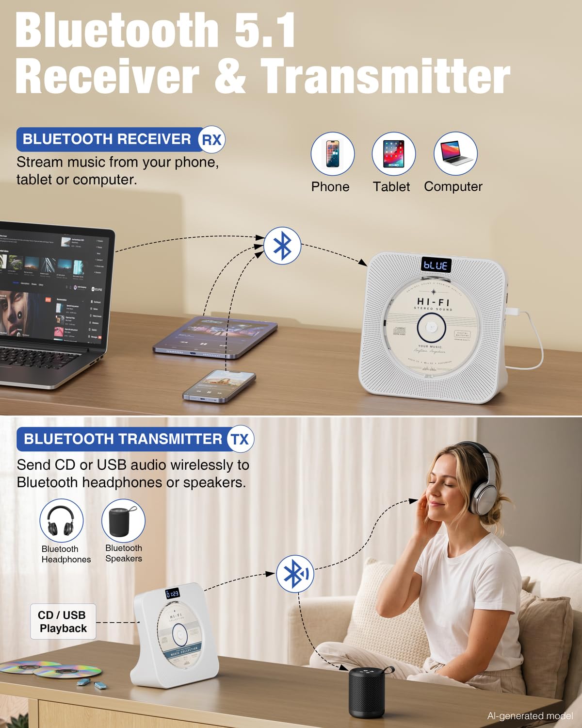 Portable CD Player with Bluetooth FM Radio USB White K22945