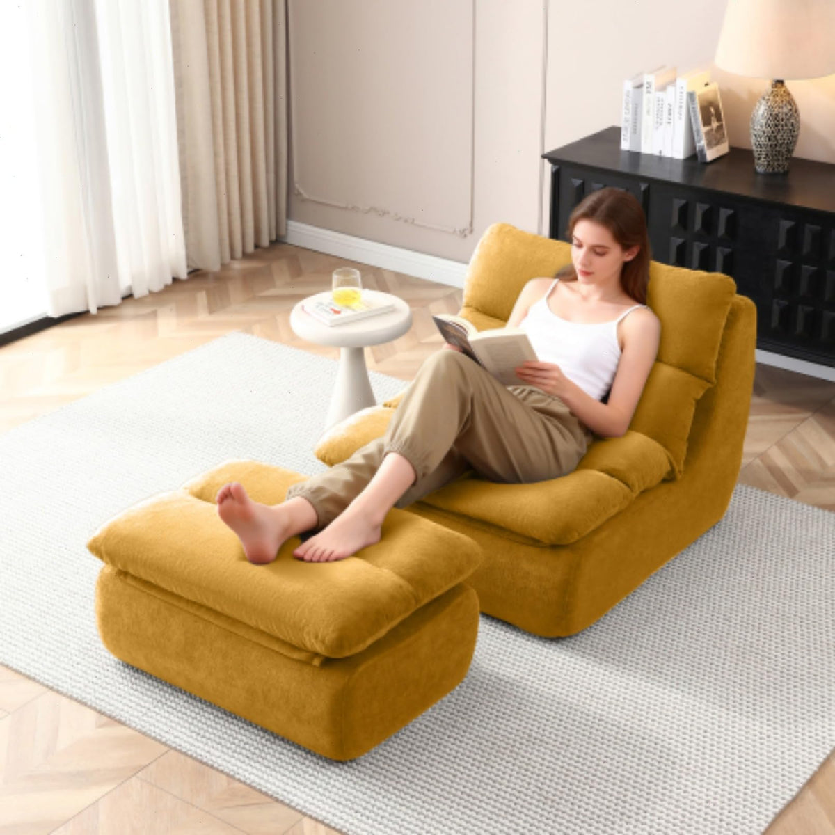 Yellow Memory Foam Bean Bag Chair with Ottoman O8758