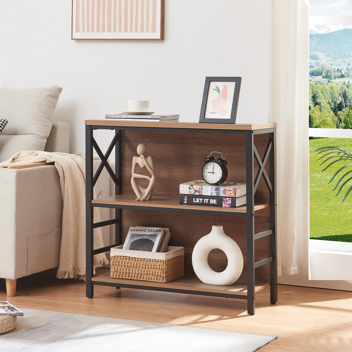 3 Tier Rustic Brown Bookshelf with Metal Frame and Backboard L5329