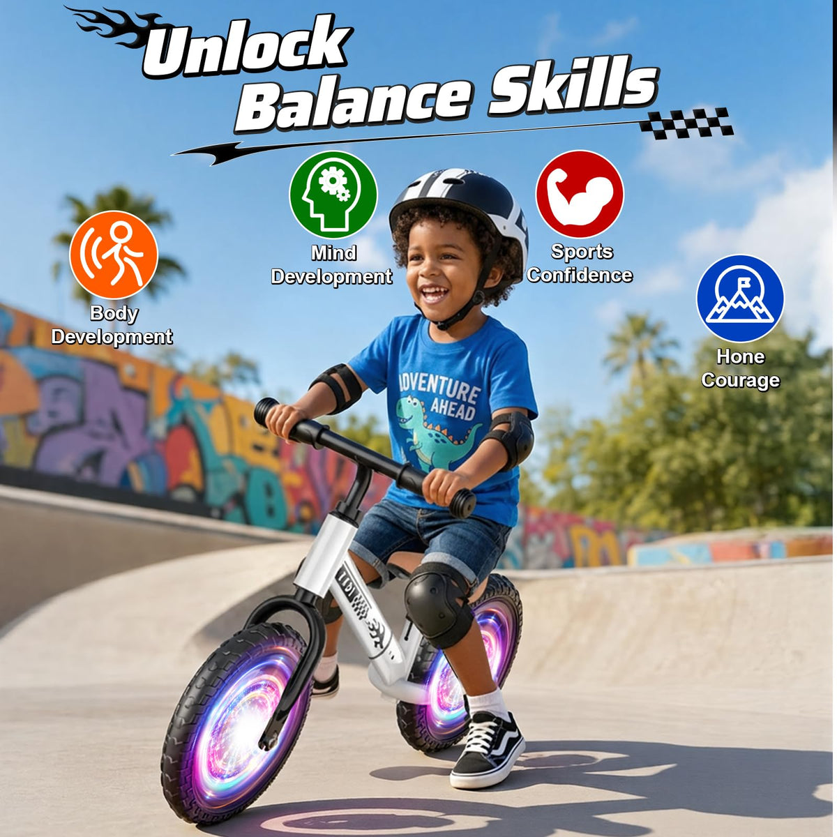 Adjustable Toddler Balance Bike with Fender and LED Tires X937
