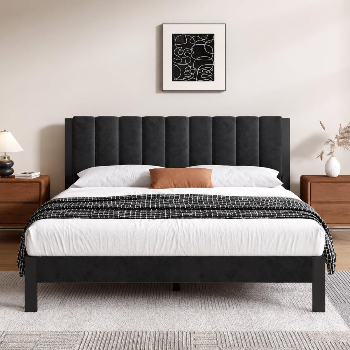 Full Size Metal Platform Bed Frame with Velvet Black Headboard and Footboard A2870