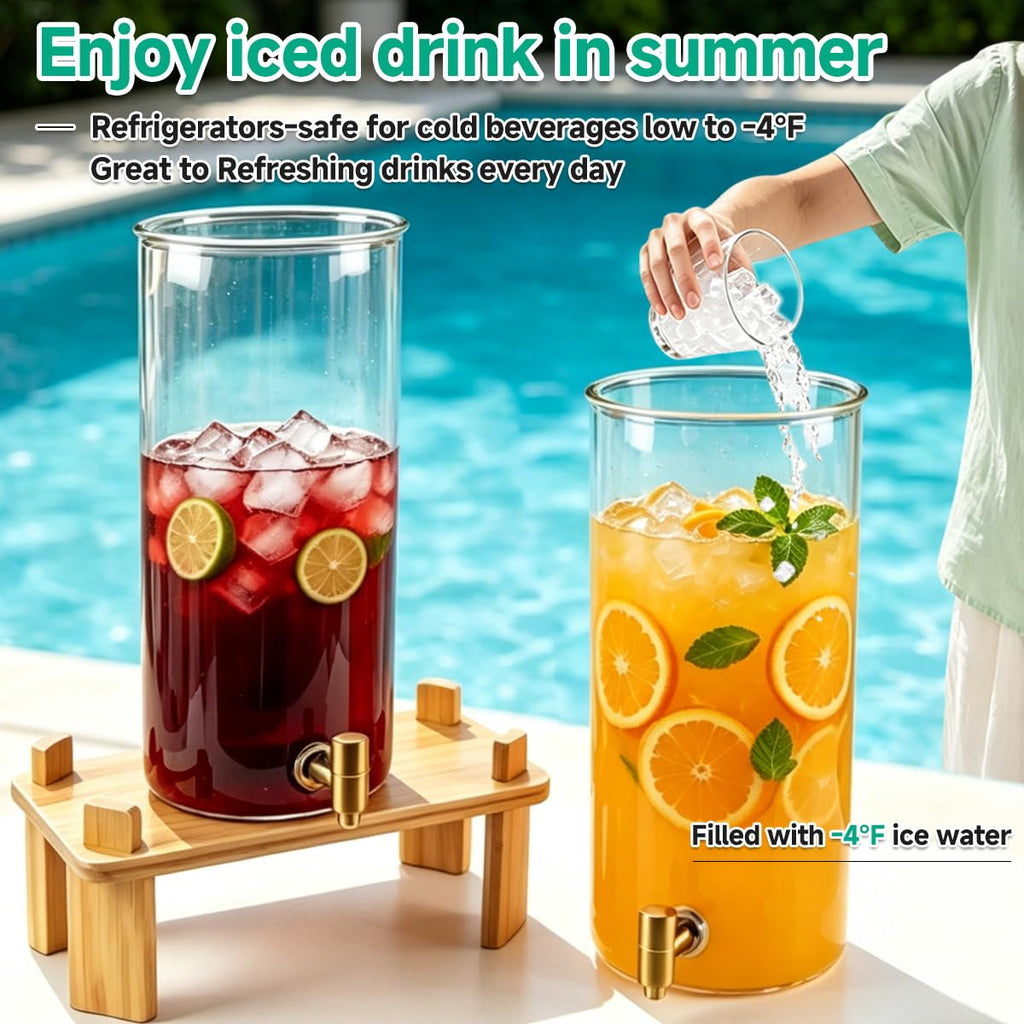 2 Gallon Glass Beverage Dispenser with Spigot and Bamboo Stand D758