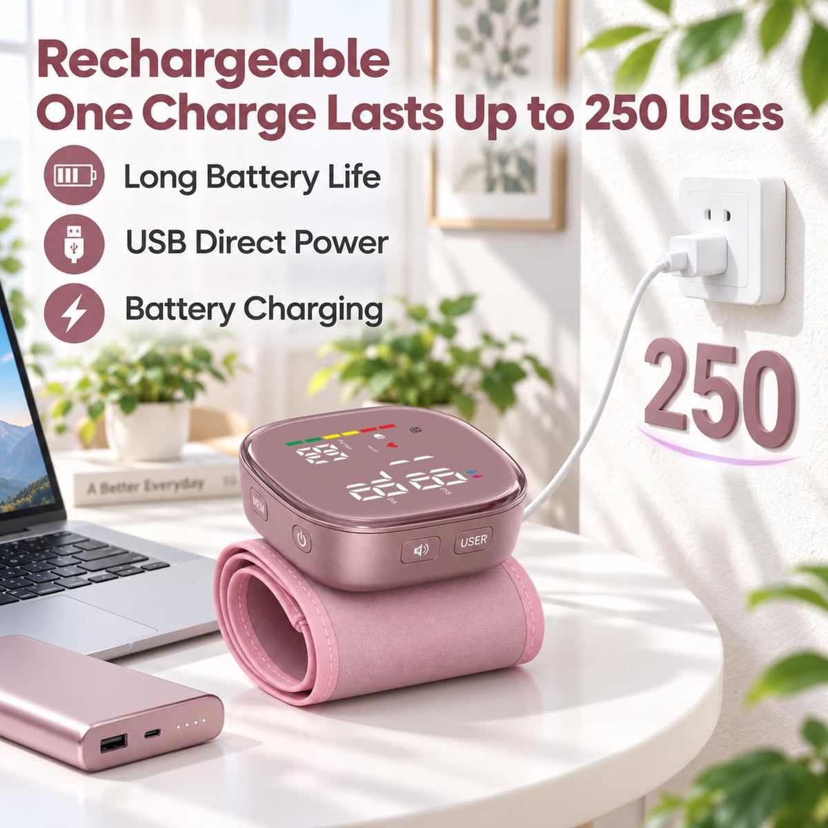 Pink Rechargeable Wrist Blood Pressure Monitor D454