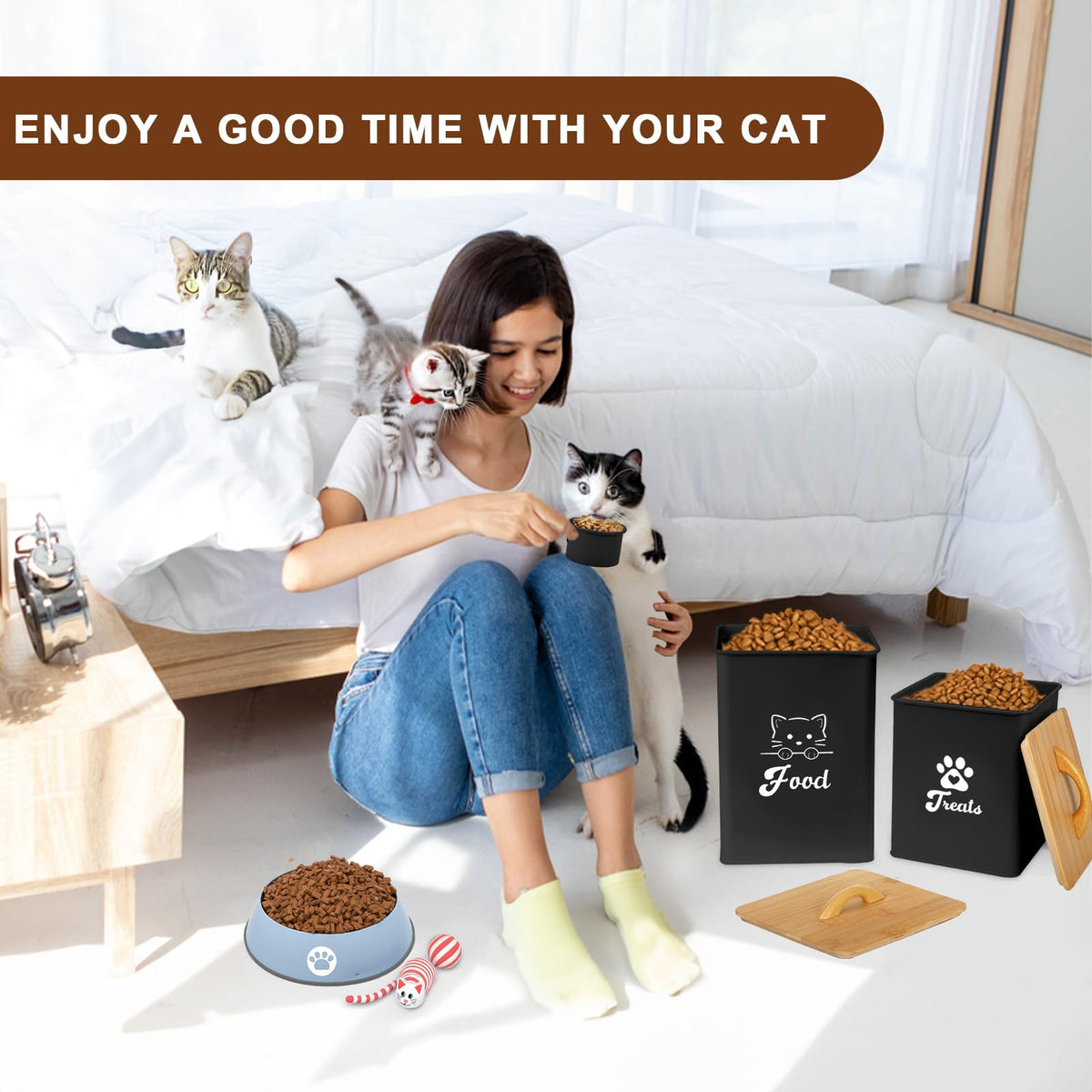 Black Airtight Cat Food Storage Container with Scoop G7360