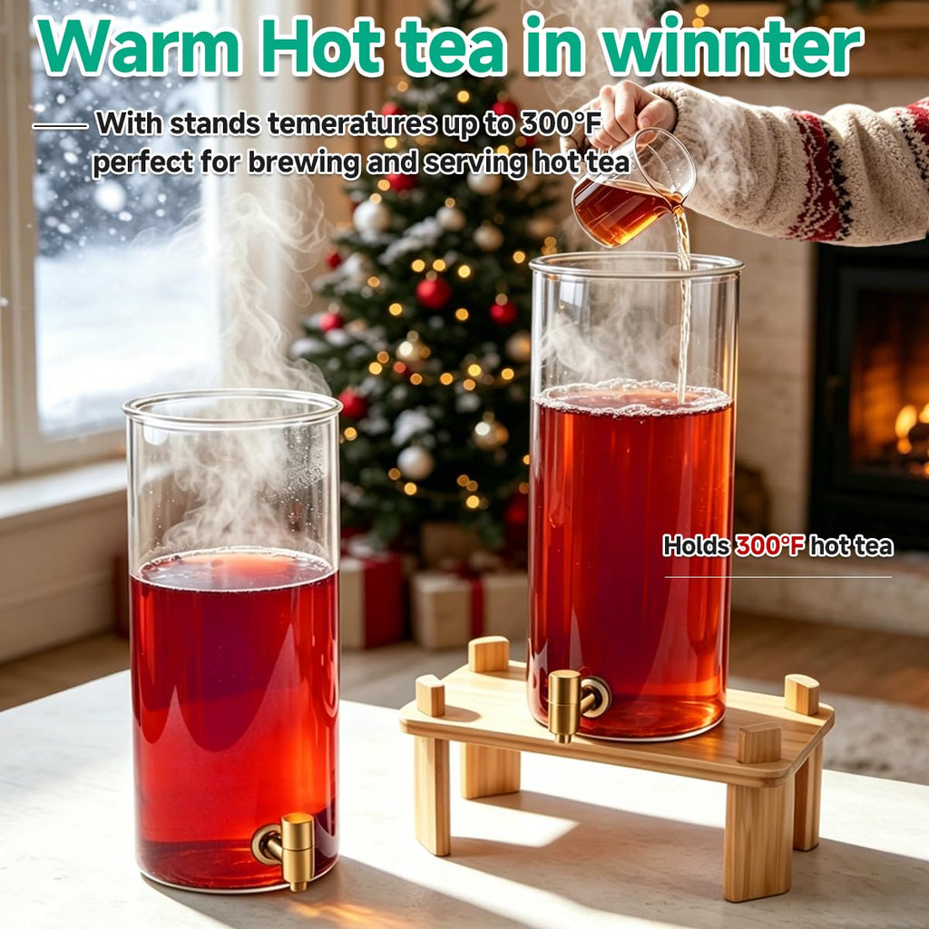 2 Gallon Glass Beverage Dispenser with Spigot and Bamboo Stand D758