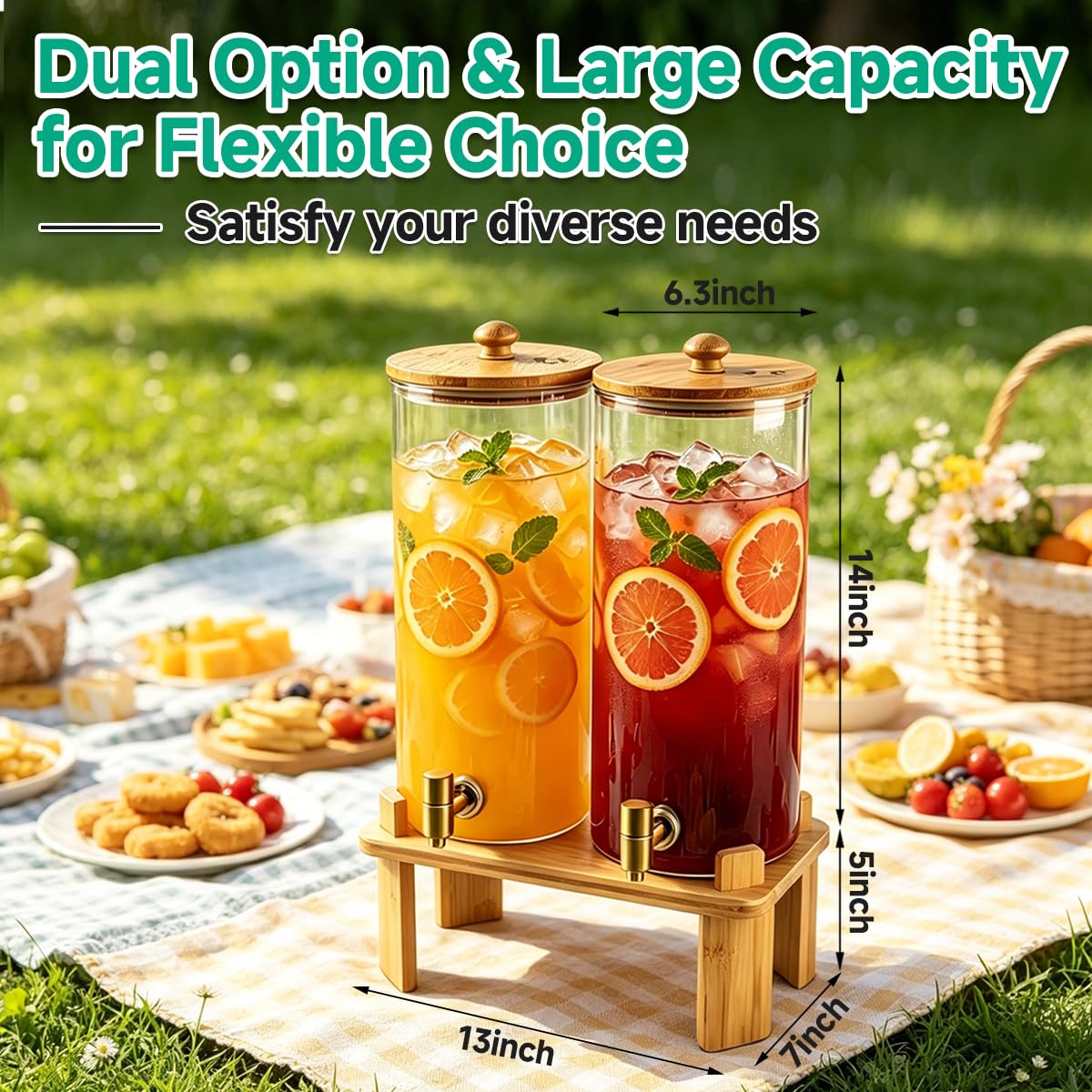 2 Gallon Glass Beverage Dispenser with Spigot and Bamboo Stand D758
