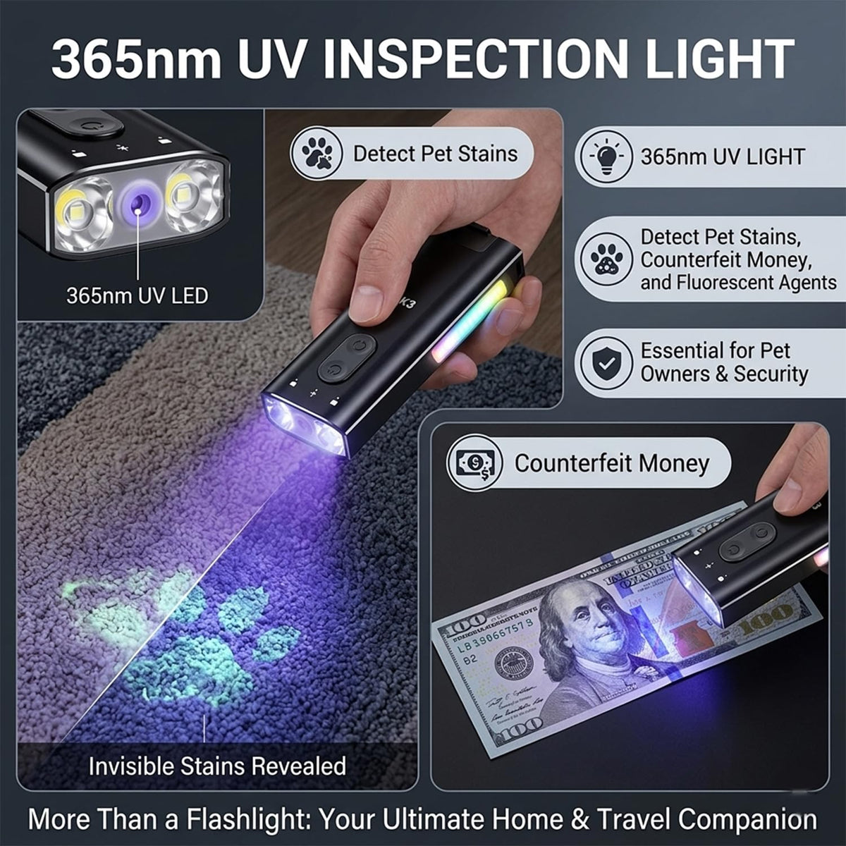 800 Lumens Rechargeable EDC Keychain Flashlight with UV & Red LED I14005