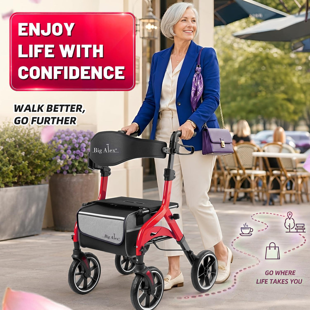Foldable Red Rollator Walker with Seat Z8028