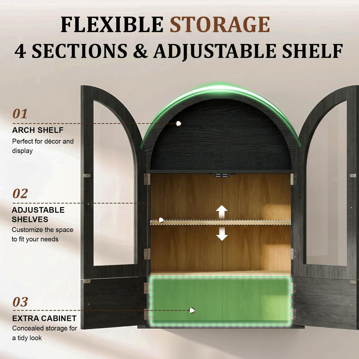 Black Arched Wall Mounted Cabinet with Glass Doors S355128
