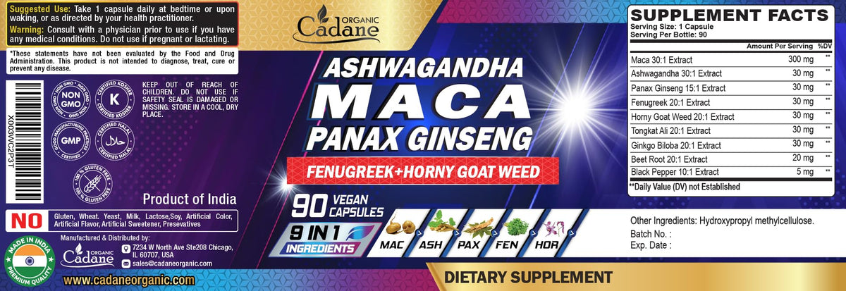 Maca Root Ashwagandha Panax Ginseng Supplement 90 Capsules T2874