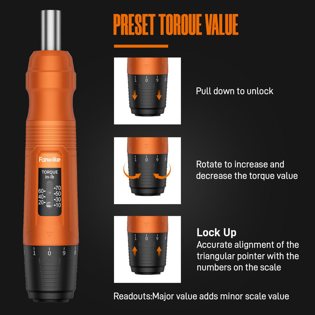 Torque Screwdriver Set, 10-70 In-lb, 1/4” Drive with Audible Click F95418