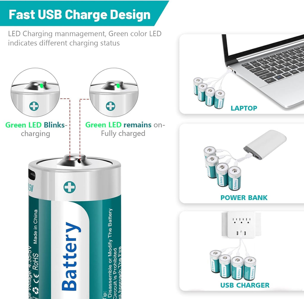 D Size Rechargeable Lithium Batteries with USB-C Charging Cable B472238