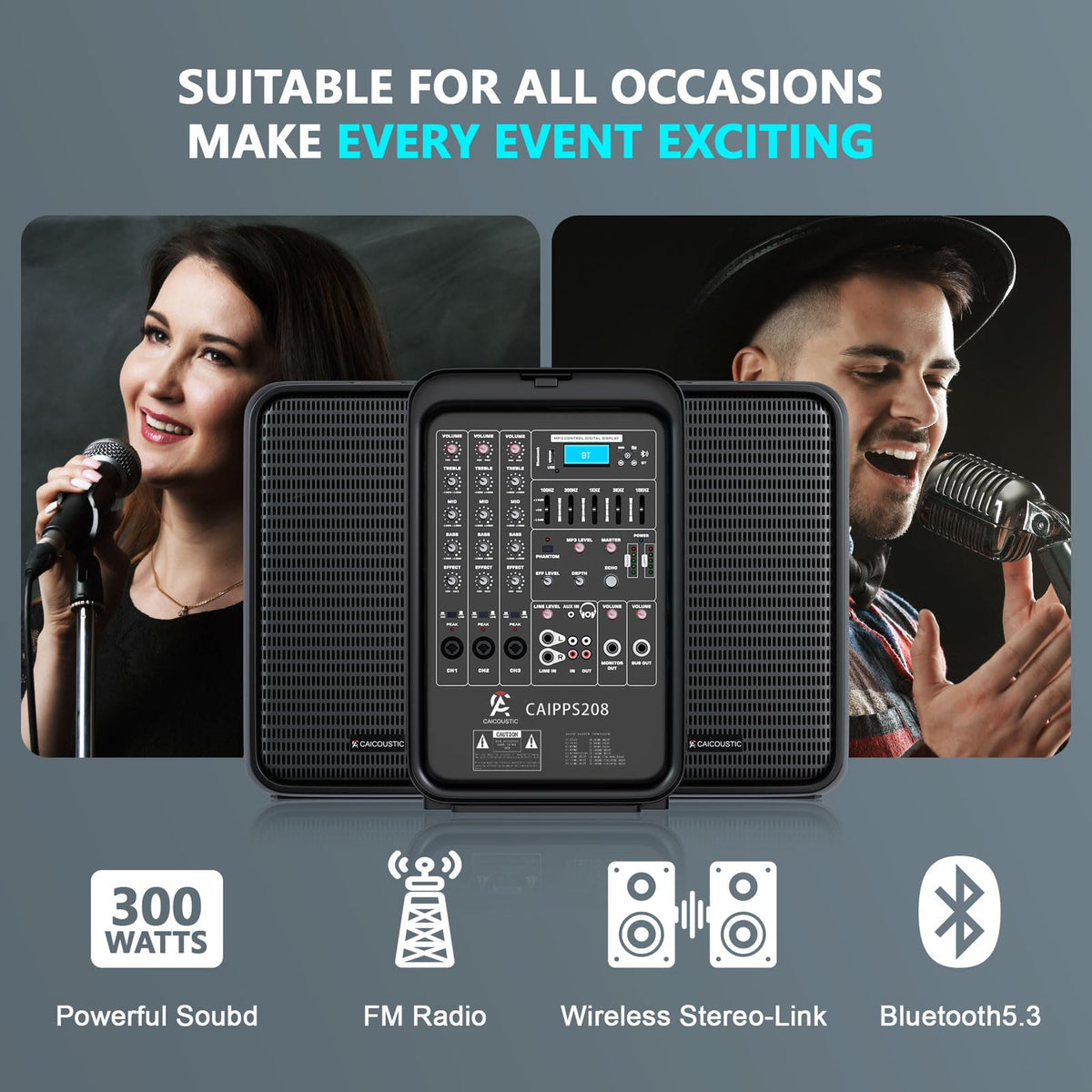 300W 8-Channel Bluetooth PA Speaker System with 8" Subwoofer and 1" Horn Tweeter K430042