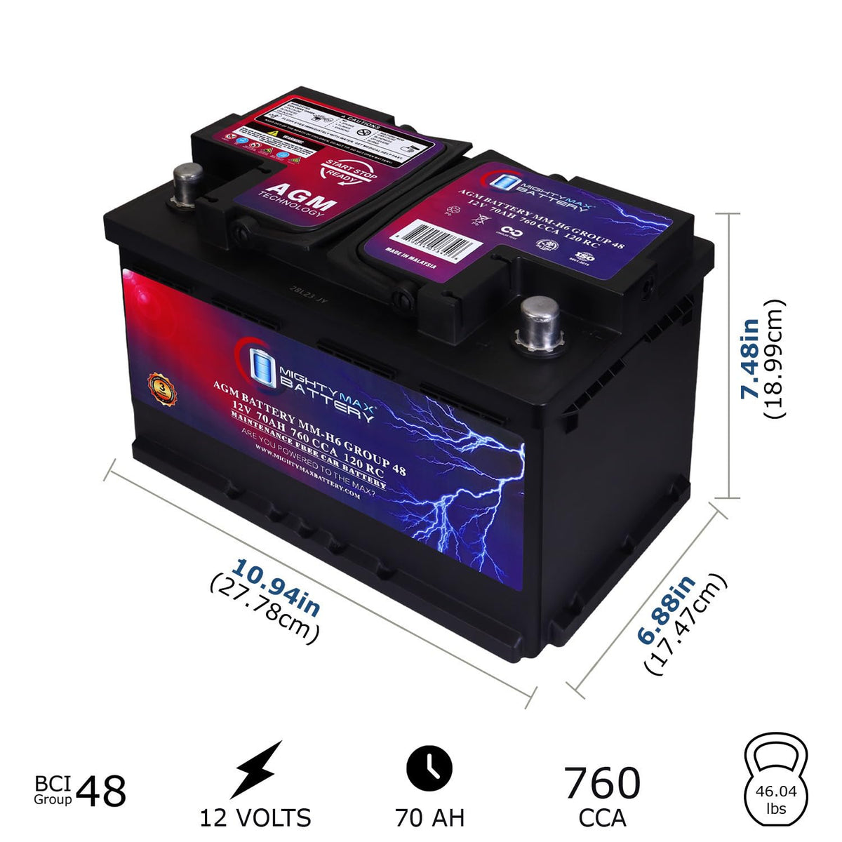 12V 70AH 760CCA Replacement Battery Y1371
