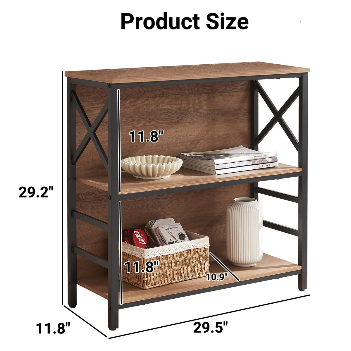 3 Tier Rustic Brown Bookshelf with Metal Frame and Backboard L5329