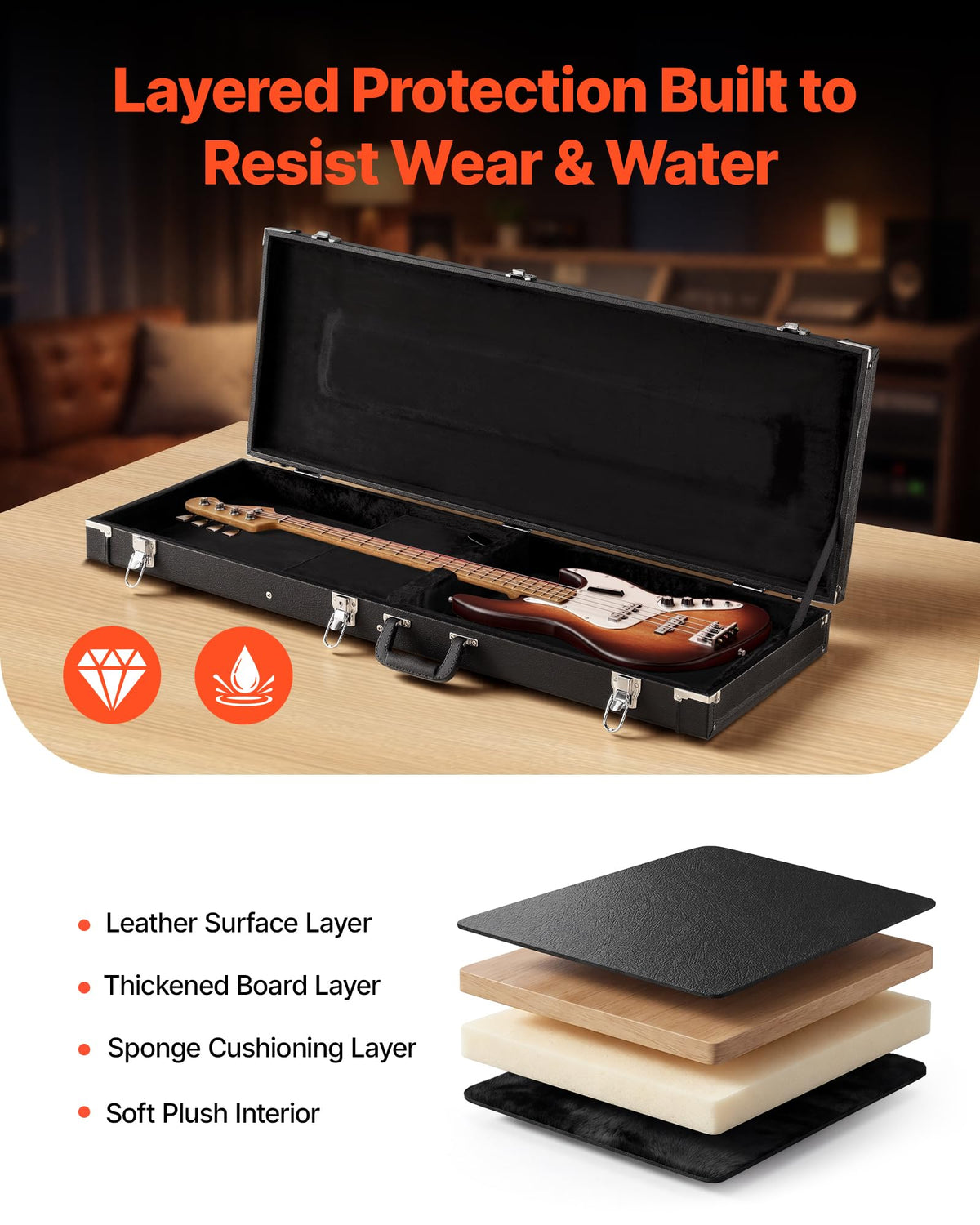 Black 41.3 Inch Wooden Hard-Shell Electric Guitar Case H9623