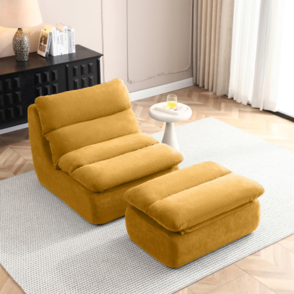 Yellow Memory Foam Bean Bag Chair with Ottoman O8758
