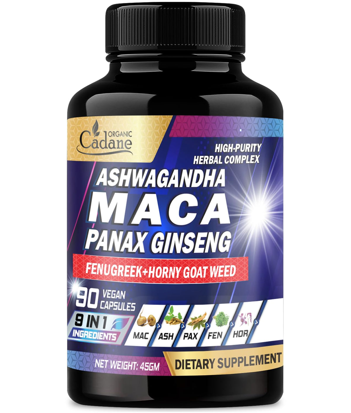 Maca Root Ashwagandha Panax Ginseng Supplement 90 Capsules T2874