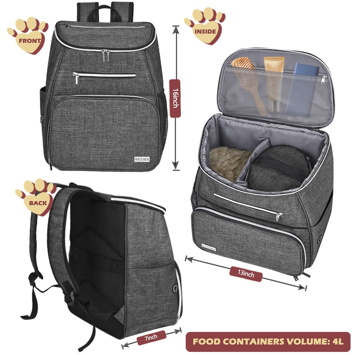 Dog Travel Bag Backpack with 2 Silicone Collapsible Bowls and 2 Food Baskets Grey Z339131