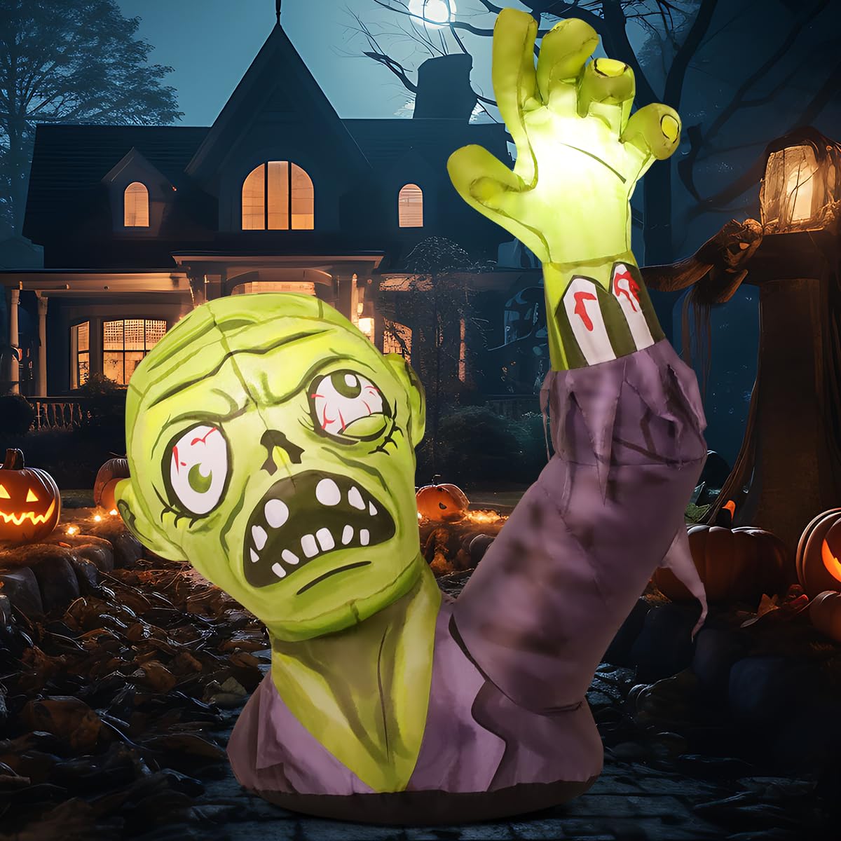 5.2 FT Halloween Inflatables Green Zombies with Built-in LEDs J81367