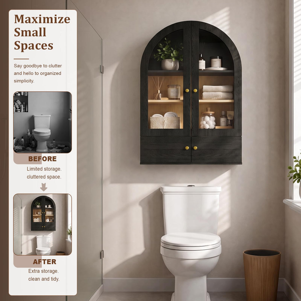 Black Arched Wall Mounted Cabinet with Glass Doors S355128
