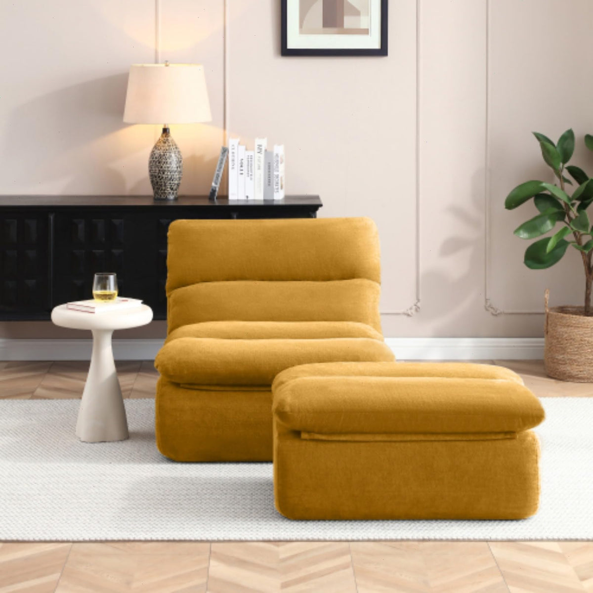 Yellow Memory Foam Bean Bag Chair with Ottoman O8758