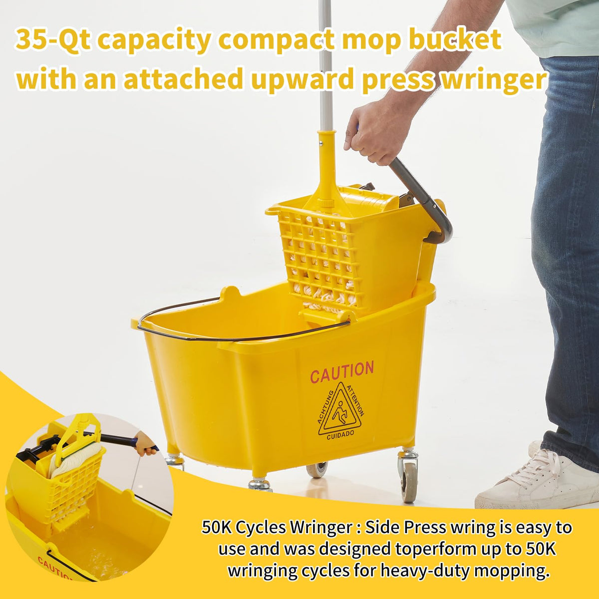 Commercial Mop Bucket with Wringer on Wheels, 35 Quart, Yellow B14831