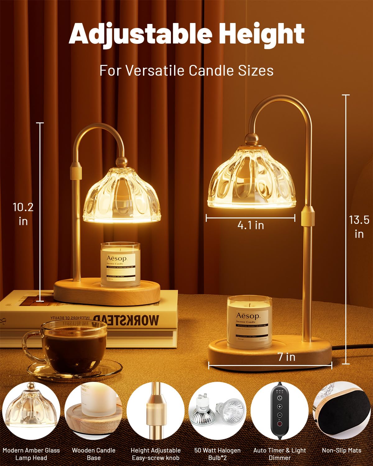 Candle Warmer Lamp with Timer Dimmer, Height Adjustable, Amber Lampshade, 2 Bulbs G475537
