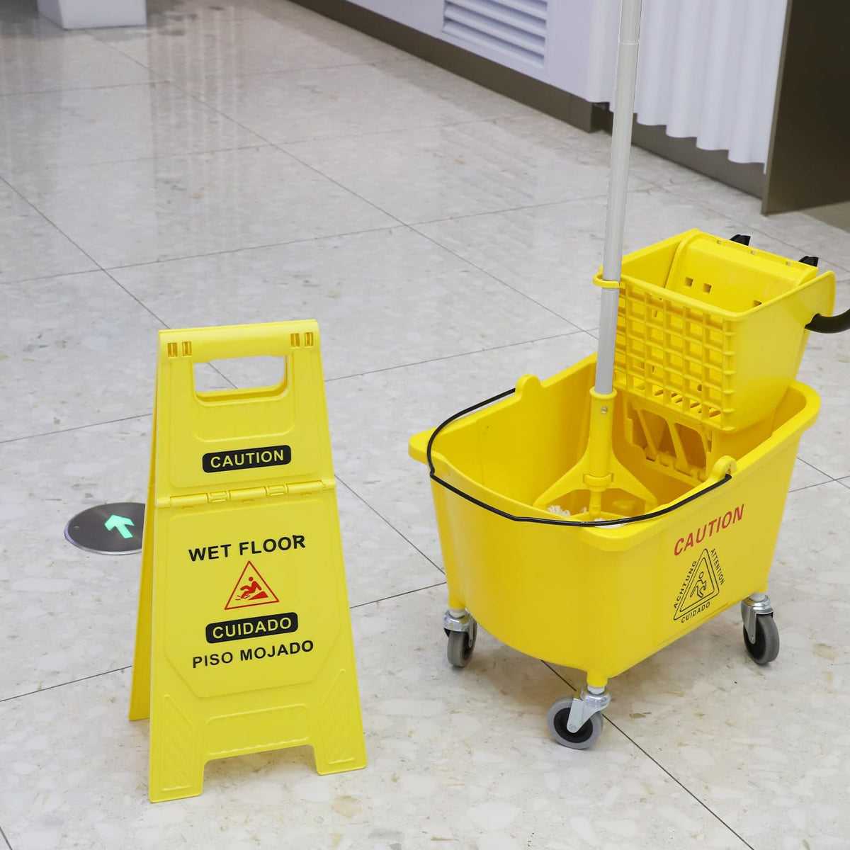 Commercial Mop Bucket with Wringer on Wheels, 35 Quart, Yellow B14831