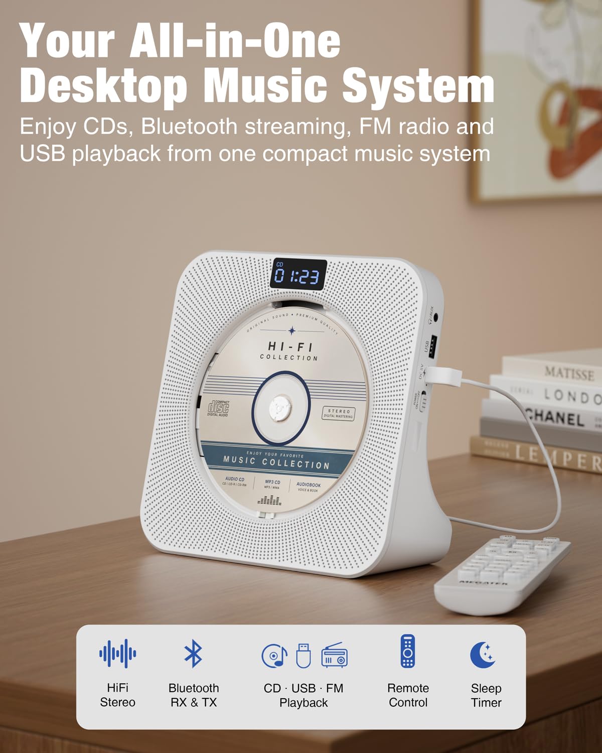 Portable CD Player with Bluetooth FM Radio USB White K22945