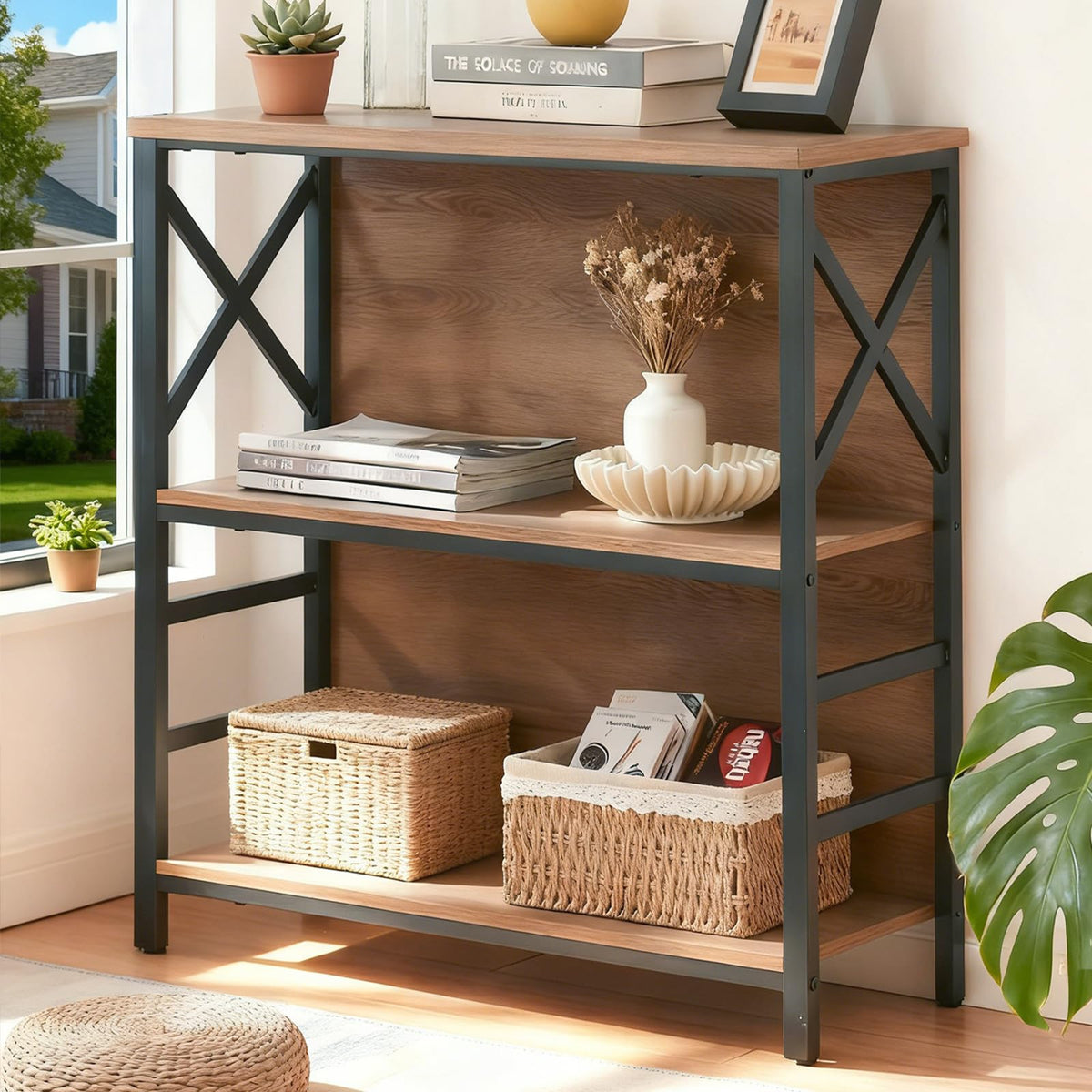 3 Tier Rustic Brown Bookshelf with Metal Frame and Backboard L5329