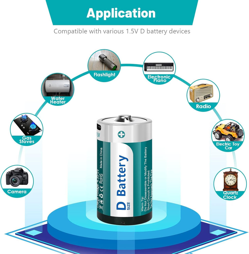 D Size Rechargeable Lithium Batteries with USB-C Charging Cable B472238