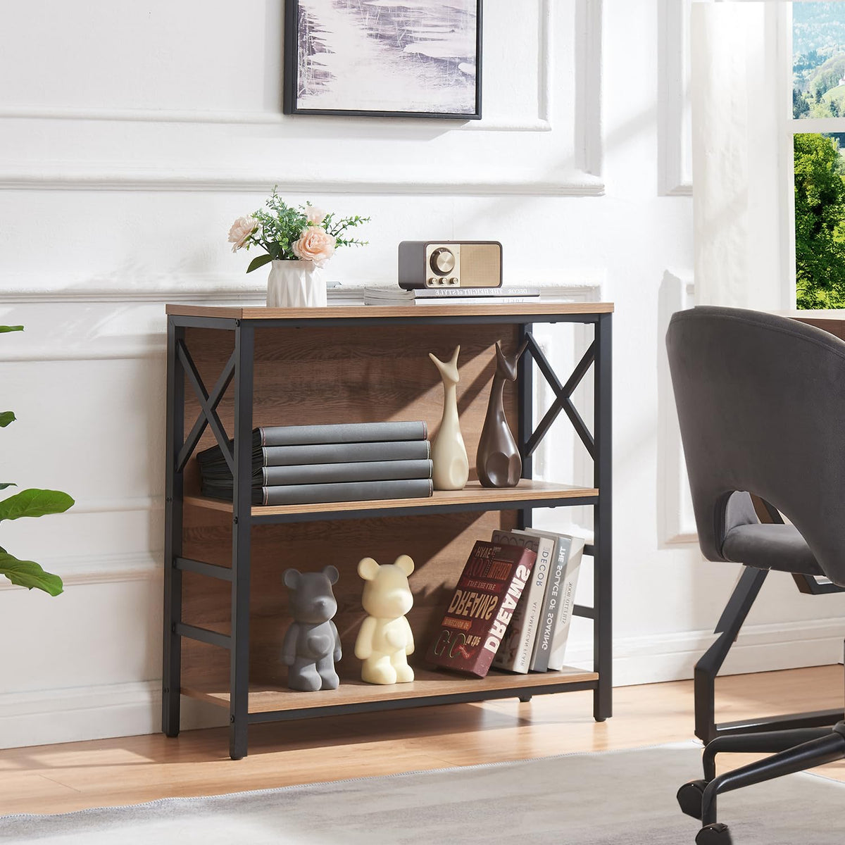 3 Tier Rustic Brown Bookshelf with Metal Frame and Backboard L5329