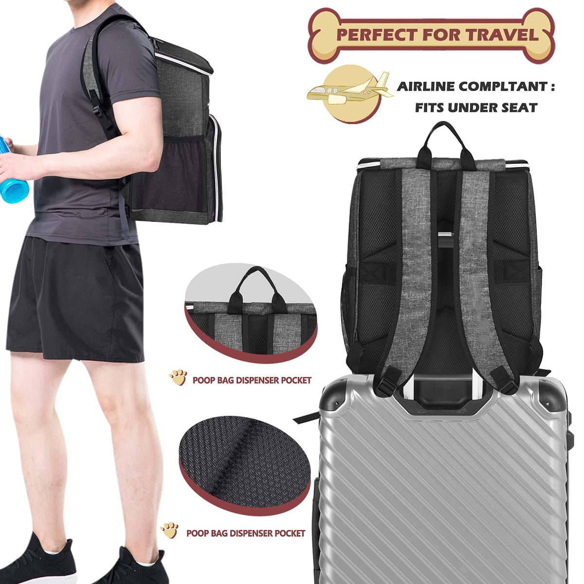 Dog Travel Bag Backpack with 2 Silicone Collapsible Bowls and 2 Food Baskets Grey Z339131