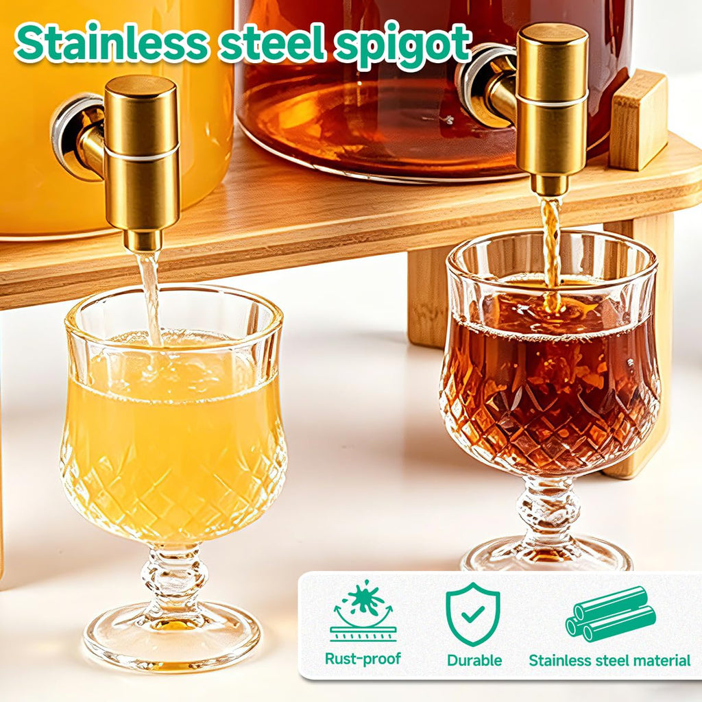 2 Gallon Glass Beverage Dispenser with Spigot and Bamboo Stand D758