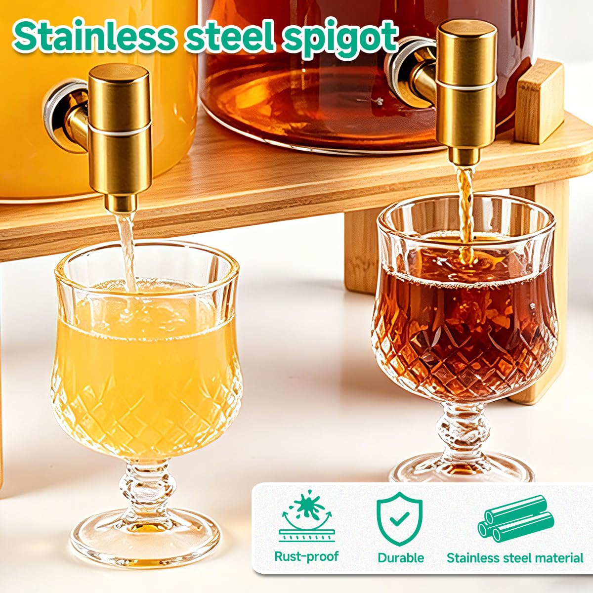 2 Gallon Glass Beverage Dispenser with Spigot and Bamboo Stand D758